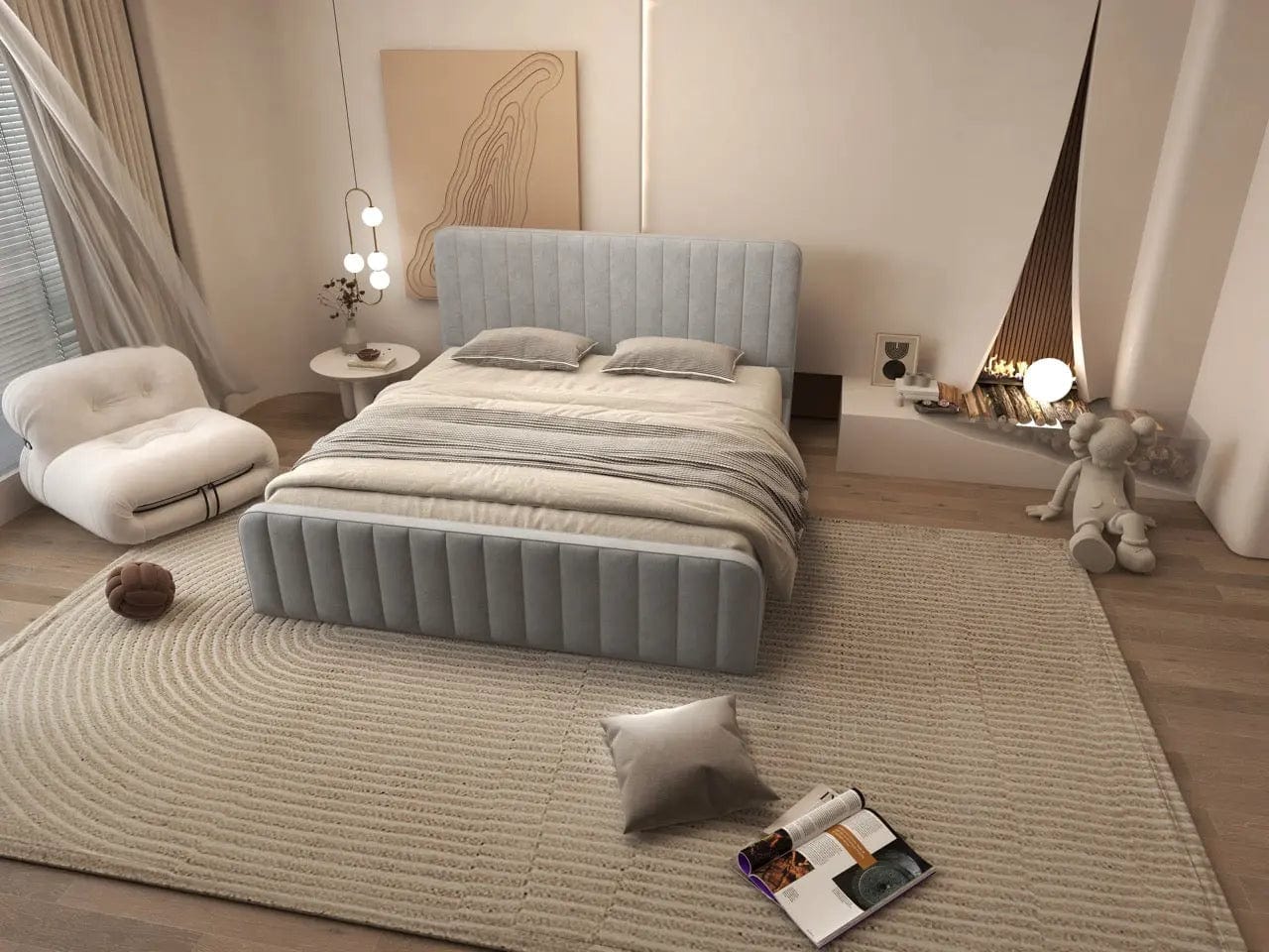 Pat dormitor dumonde, tapitat gri, Loft 160x200 cm, somiera rabatabila inclusa, spatiu depozitare