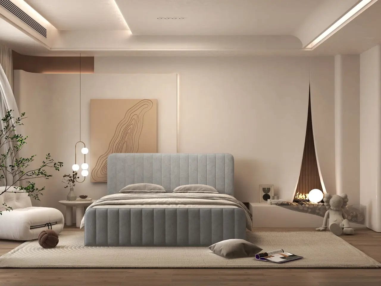 Pat dormitor dumonde, tapitat gri, Loft 160x200 cm, somiera rabatabila inclusa, spatiu depozitare