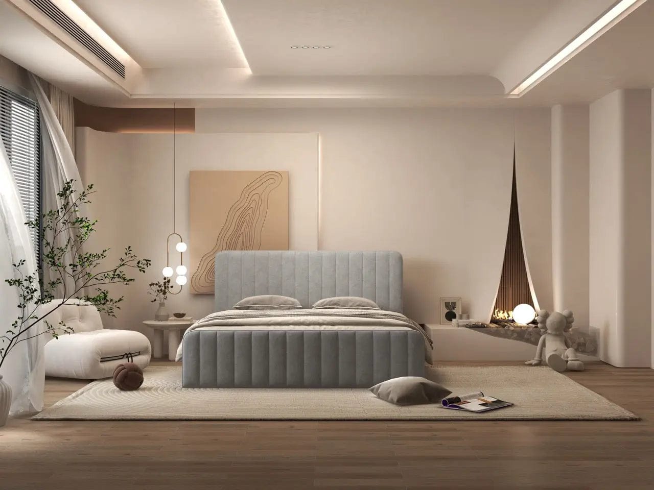 Pat dormitor dumonde, tapitat gri, Loft 160x200 cm, somiera rabatabila inclusa, spatiu depozitare