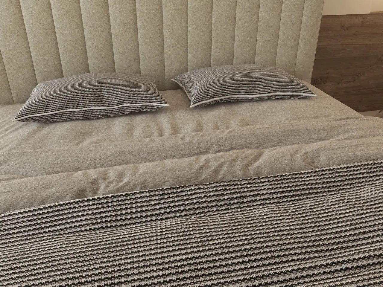 Pat dormitor dumonde, tapitat bej, Loft 160x200 cm, somiera rabatabila inclusa, spatiu depozitare