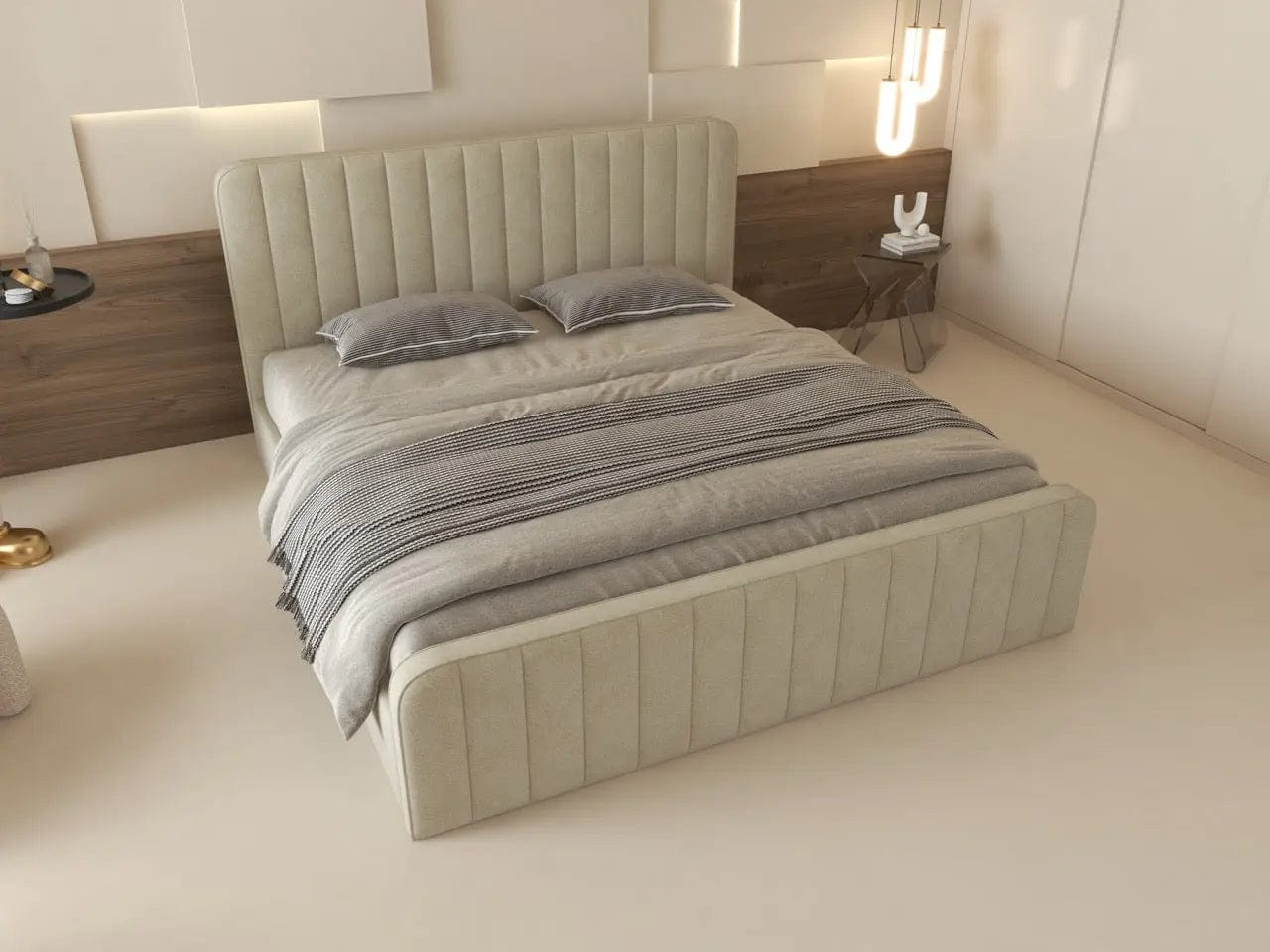 Pat dormitor dumonde, tapitat bej, Loft 160x200 cm, somiera rabatabila inclusa, spatiu depozitare