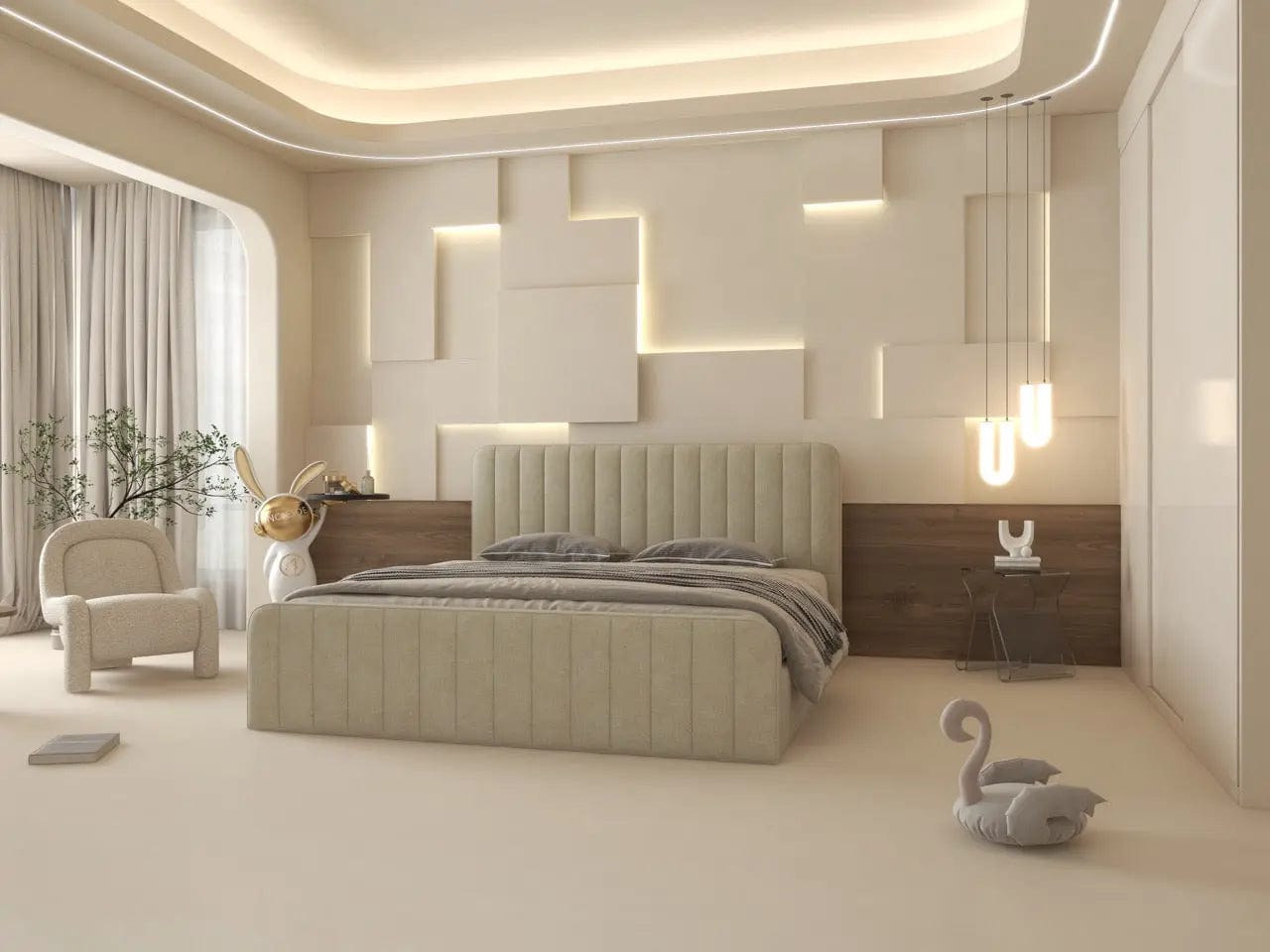 Pat dormitor dumonde, tapitat bej, Loft 160x200 cm, somiera rabatabila inclusa, spatiu depozitare