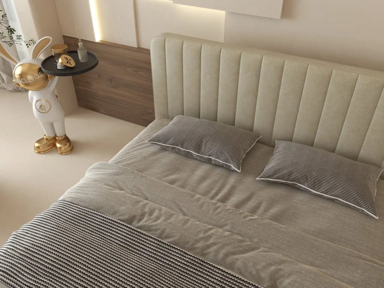 Pat dormitor dumonde, tapitat bej, Loft 160x200 cm, somiera rabatabila inclusa, spatiu depozitare