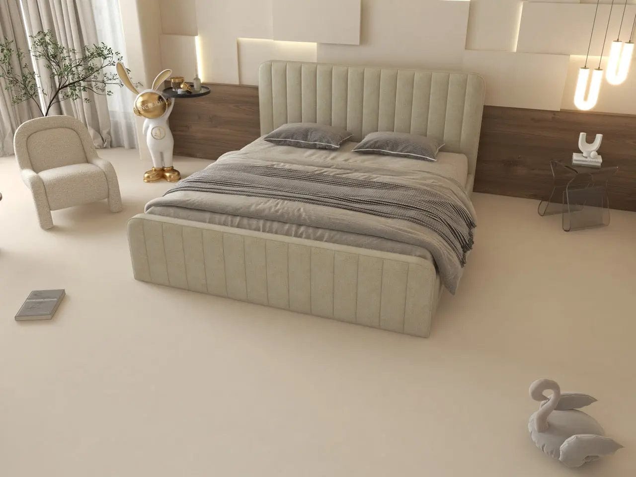 Pat dormitor dumonde, tapitat bej, Loft 160x200 cm, somiera rabatabila inclusa, spatiu depozitare