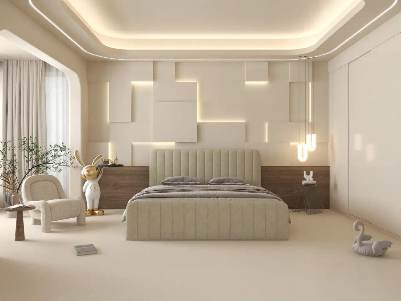 Pat dormitor dumonde, tapitat bej, Loft 160x200 cm, somiera rabatabila inclusa, spatiu depozitare