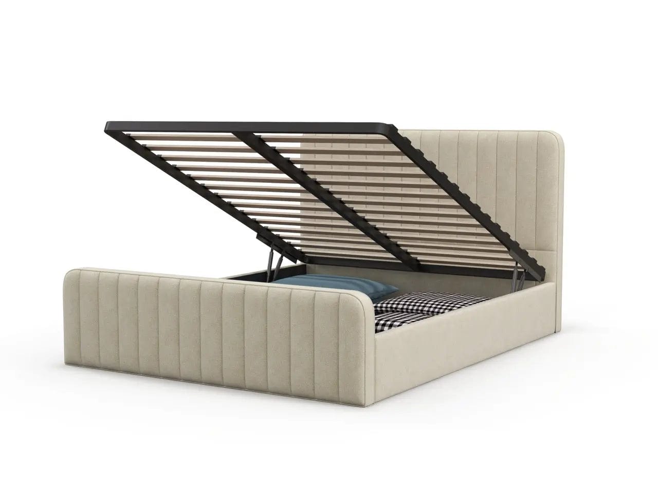 Pat dormitor dumonde, tapitat bej, Loft 160x200 cm, somiera rabatabila inclusa, spatiu depozitare