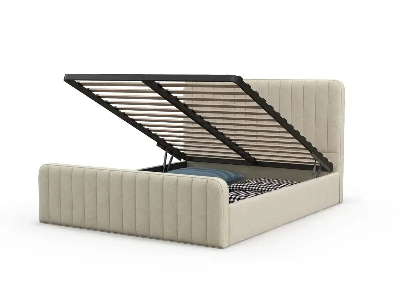 Pat dormitor dumonde, tapitat gri, Loft 180x200 cm, somiera rabatabila inclusa, spatiu depozitare