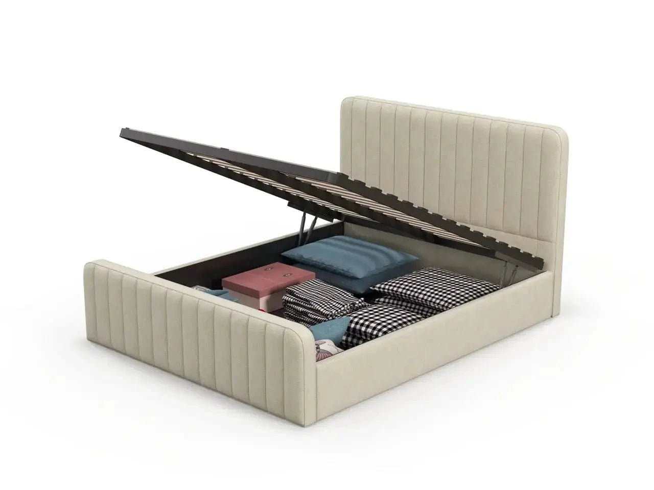 Pat dormitor dumonde, tapitat gri, Loft 160x200 cm, somiera rabatabila inclusa, spatiu depozitare