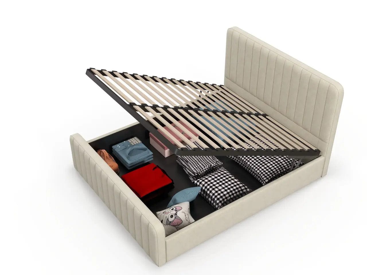 Pat dormitor dumonde, tapitat bej, Loft 160x200 cm, somiera rabatabila inclusa, spatiu depozitare