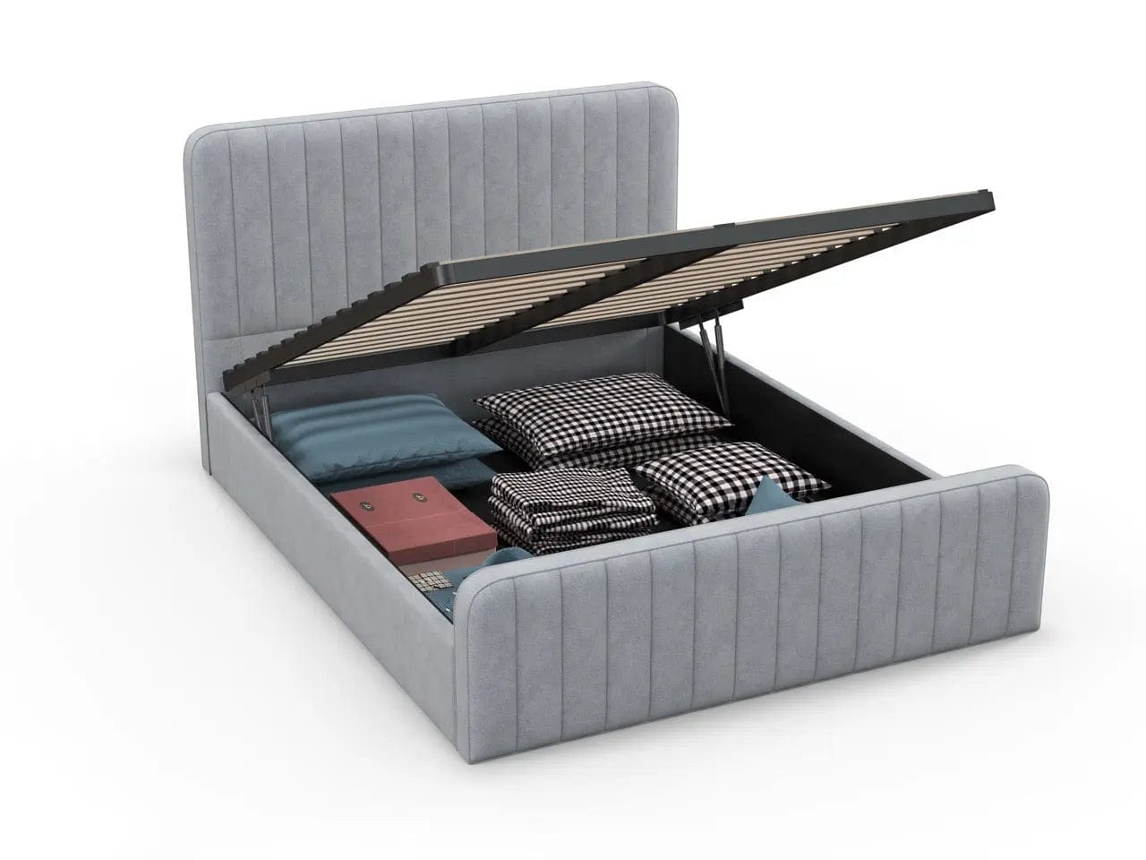 Pat dormitor dumonde, tapitat gri, Loft 160x200 cm, somiera rabatabila inclusa, spatiu depozitare