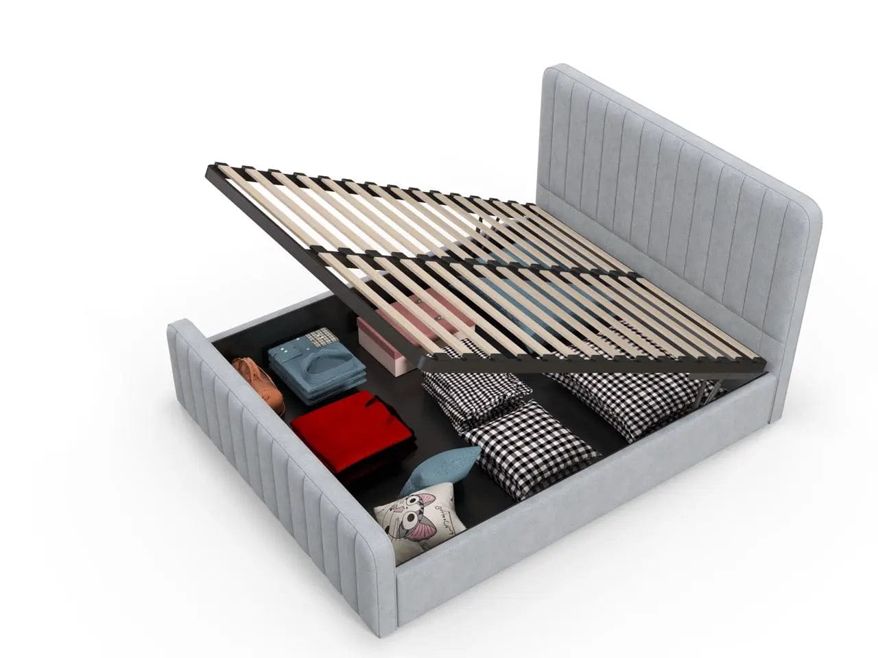 Pat dormitor dumonde, tapitat gri, Loft 160x200 cm, somiera rabatabila inclusa, spatiu depozitare
