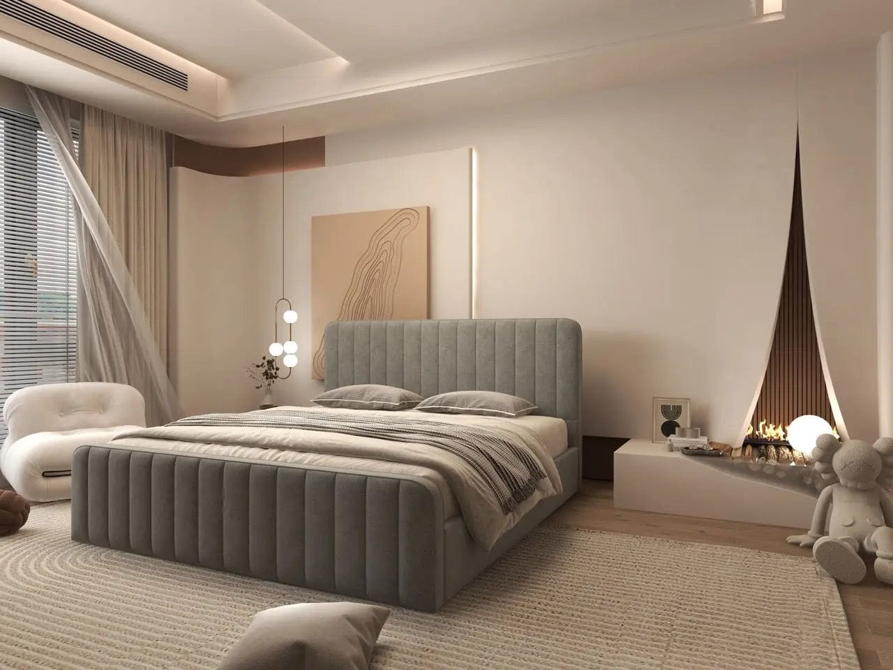 Pat dormitor dumonde, tapitat gri, Loft 160x200 cm, somiera rabatabila inclusa, spatiu depozitare