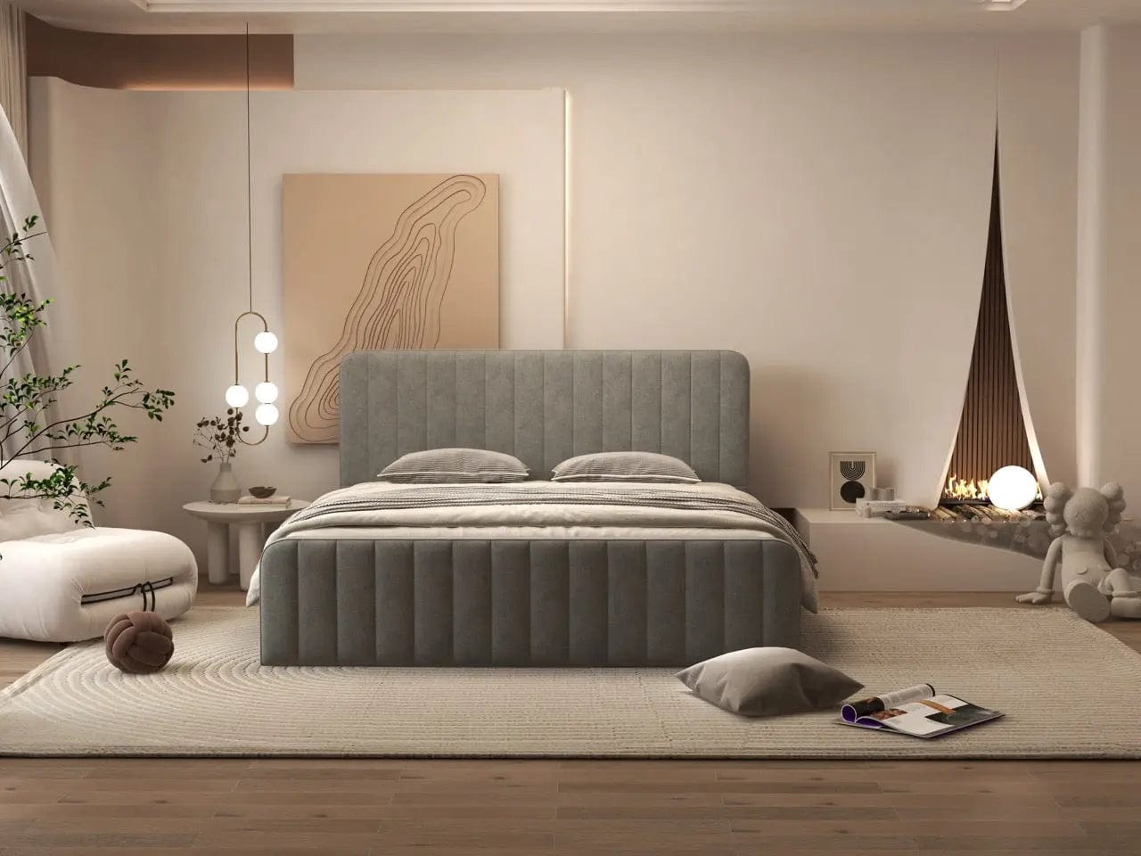 Pat dormitor dumonde, tapitat gri, Loft 160x200 cm, somiera rabatabila inclusa, spatiu depozitare