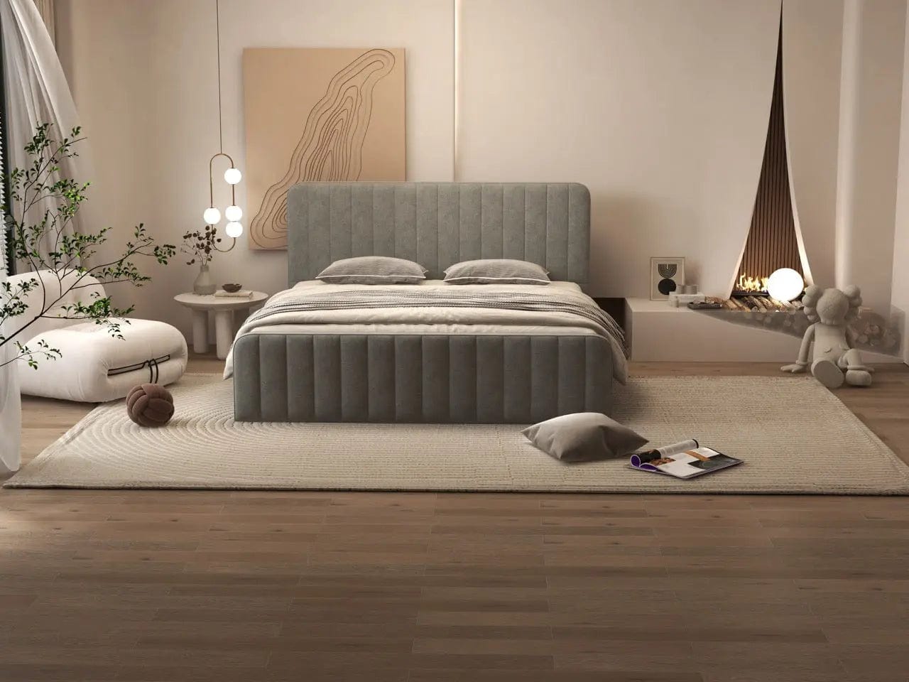 Pat dormitor dumonde, tapitat gri, Loft 160x200 cm, somiera rabatabila inclusa, spatiu depozitare