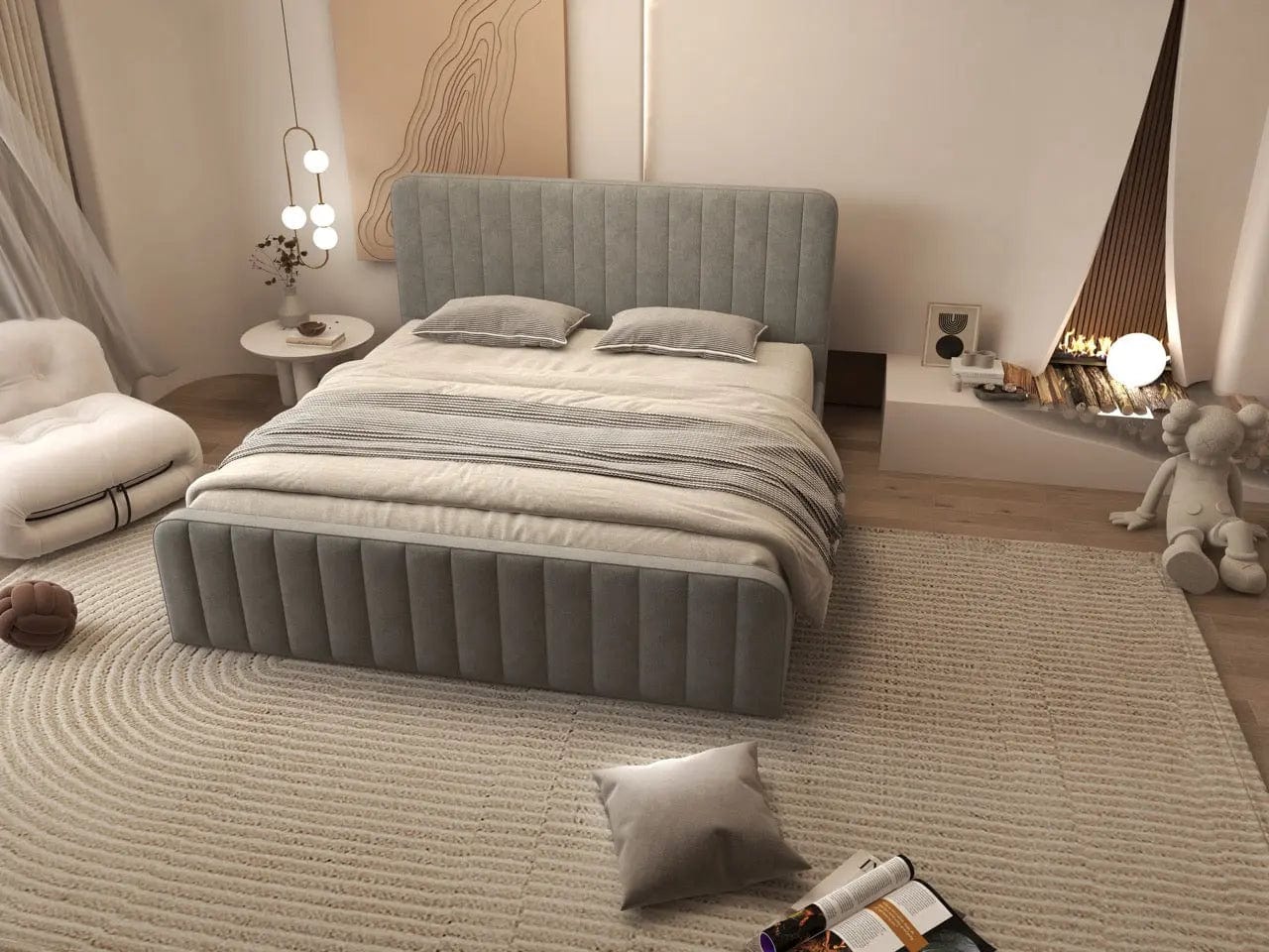 Pat dormitor dumonde, tapitat gri, Loft 160x200 cm, somiera rabatabila inclusa, spatiu depozitare