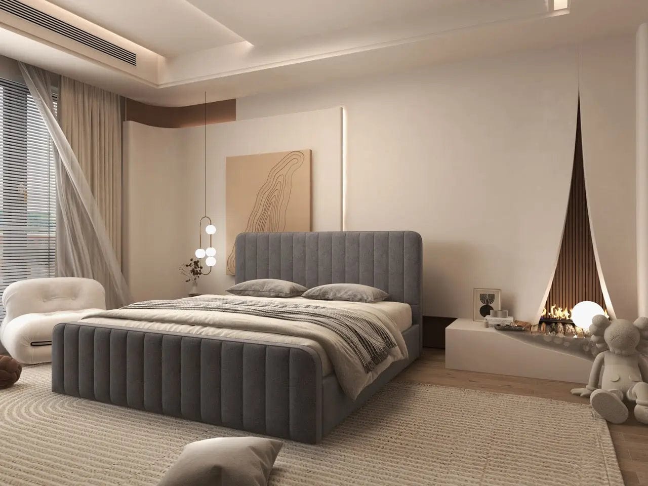 Pat dormitor dumonde, tapitat gri, Loft 180x200 cm, somiera rabatabila inclusa, spatiu depozitare