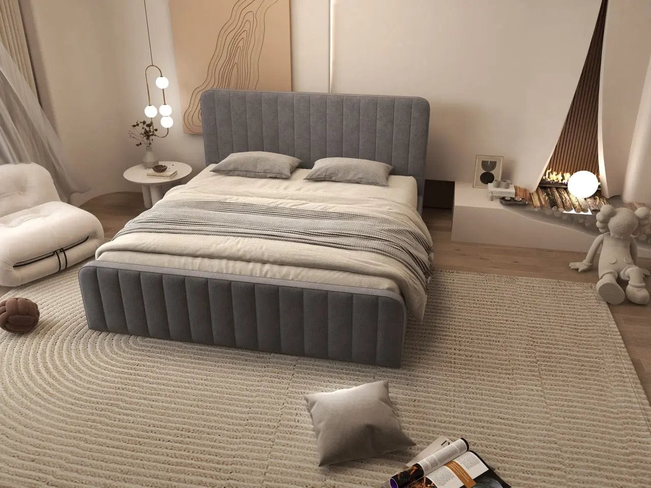 Pat dormitor dumonde, tapitat gri, Loft 180x200 cm, somiera rabatabila inclusa, spatiu depozitare