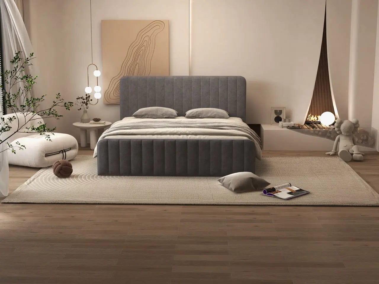 Pat dormitor dumonde, tapitat gri, Loft 180x200 cm, somiera rabatabila inclusa, spatiu depozitare