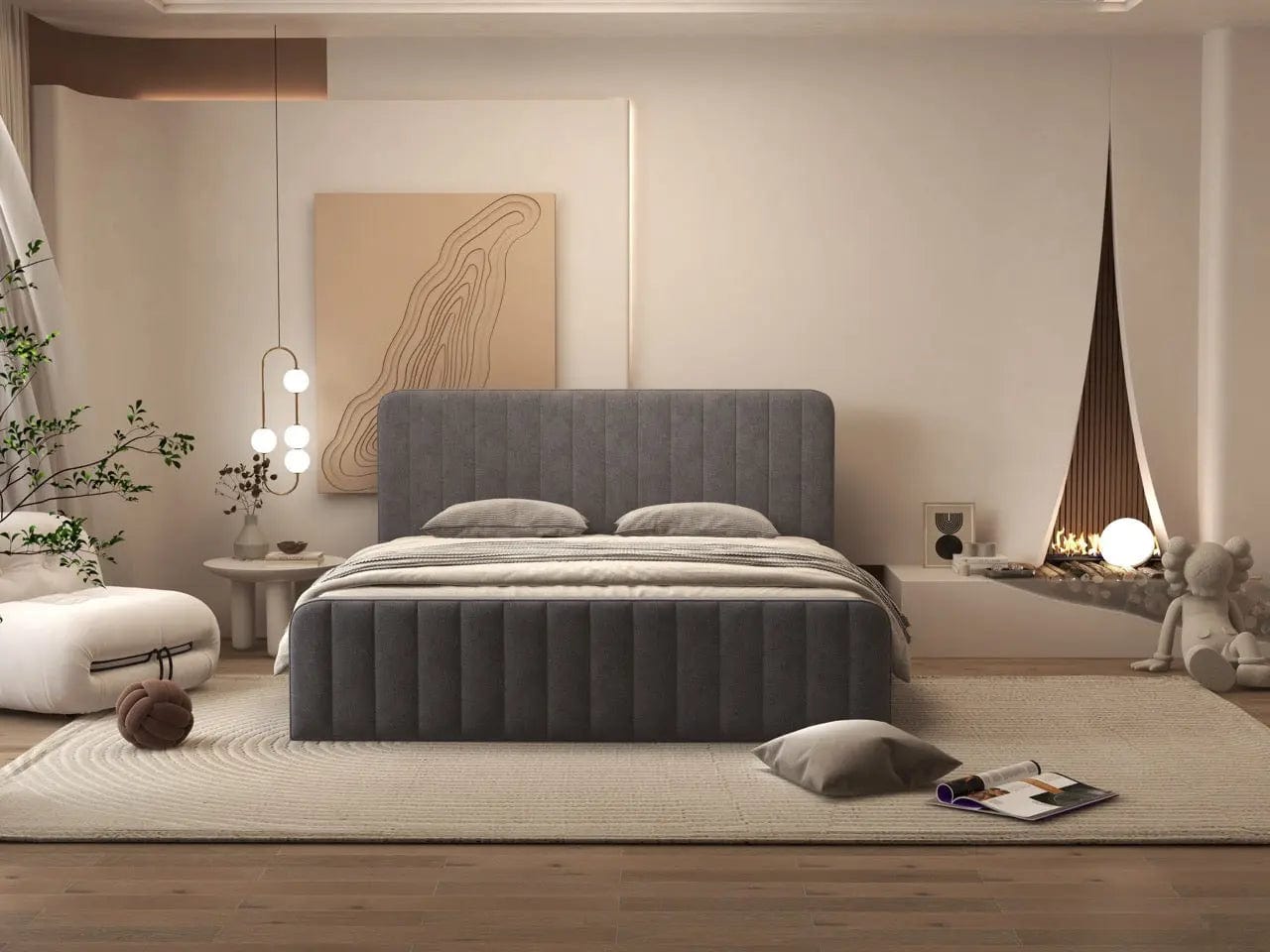 Pat dormitor dumonde, tapitat gri, Loft 180x200 cm, somiera rabatabila inclusa, spatiu depozitare