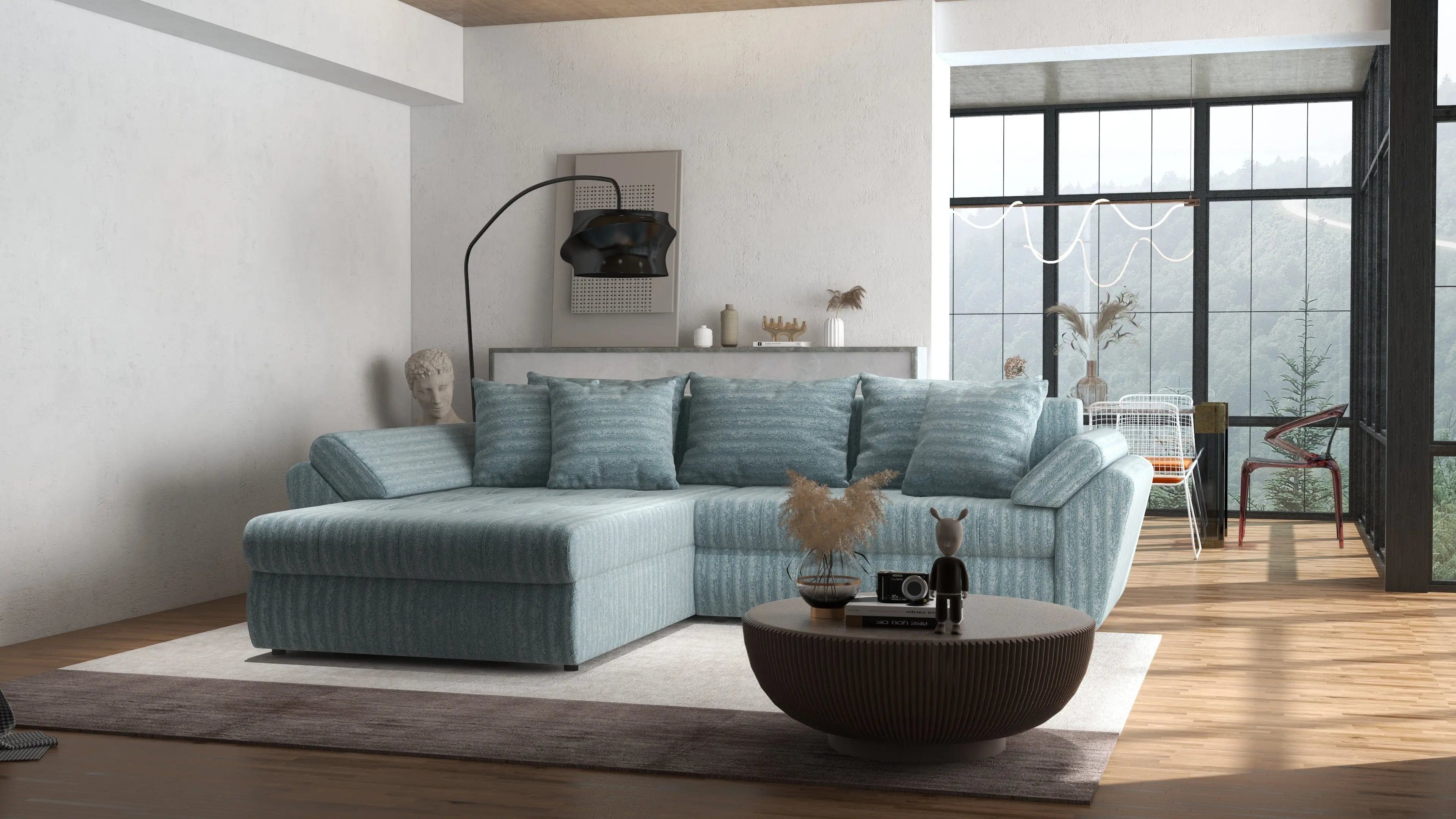 Colțar extensibil dumonde cu ladă de depozitare si sezut confortabil din spuma high-density, Loana Ambience Mint 270x185 cm