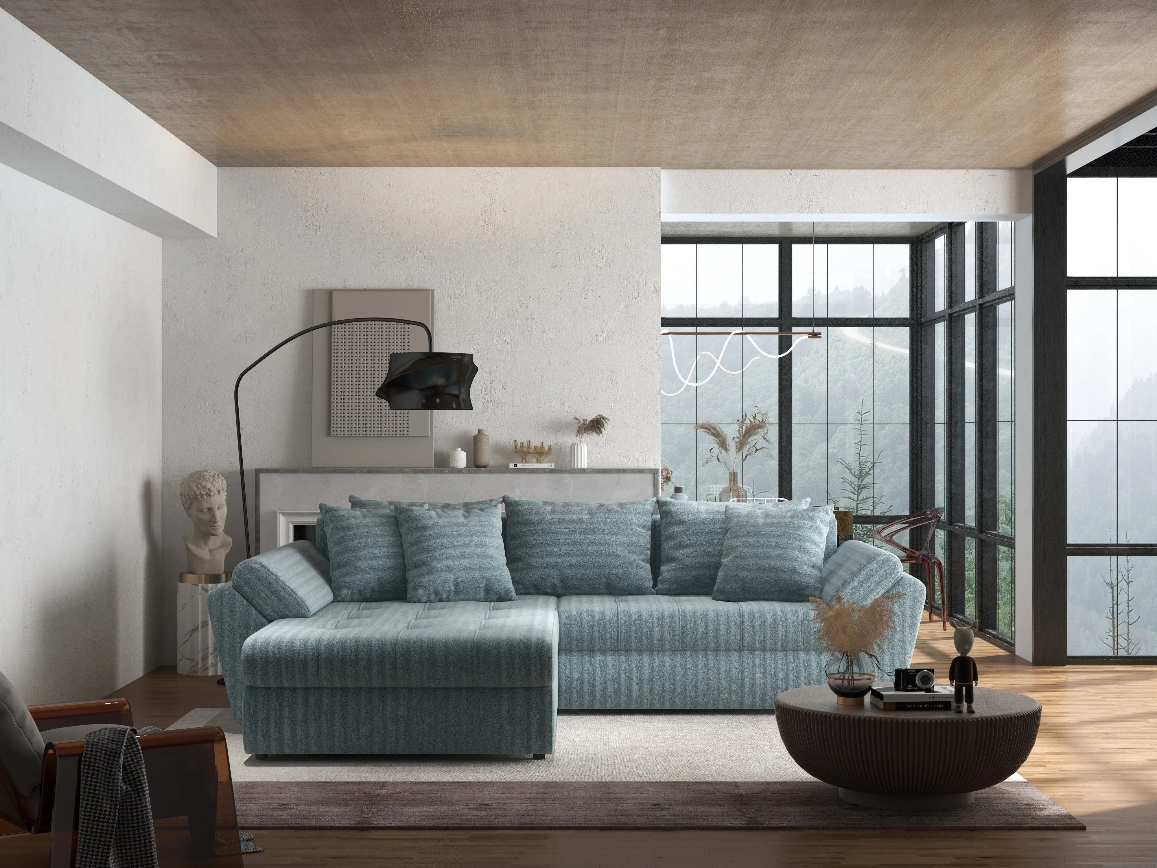 Colțar extensibil dumonde cu ladă de depozitare si sezut confortabil din spuma high-density, Loana Ambience Mint 270x185 cm