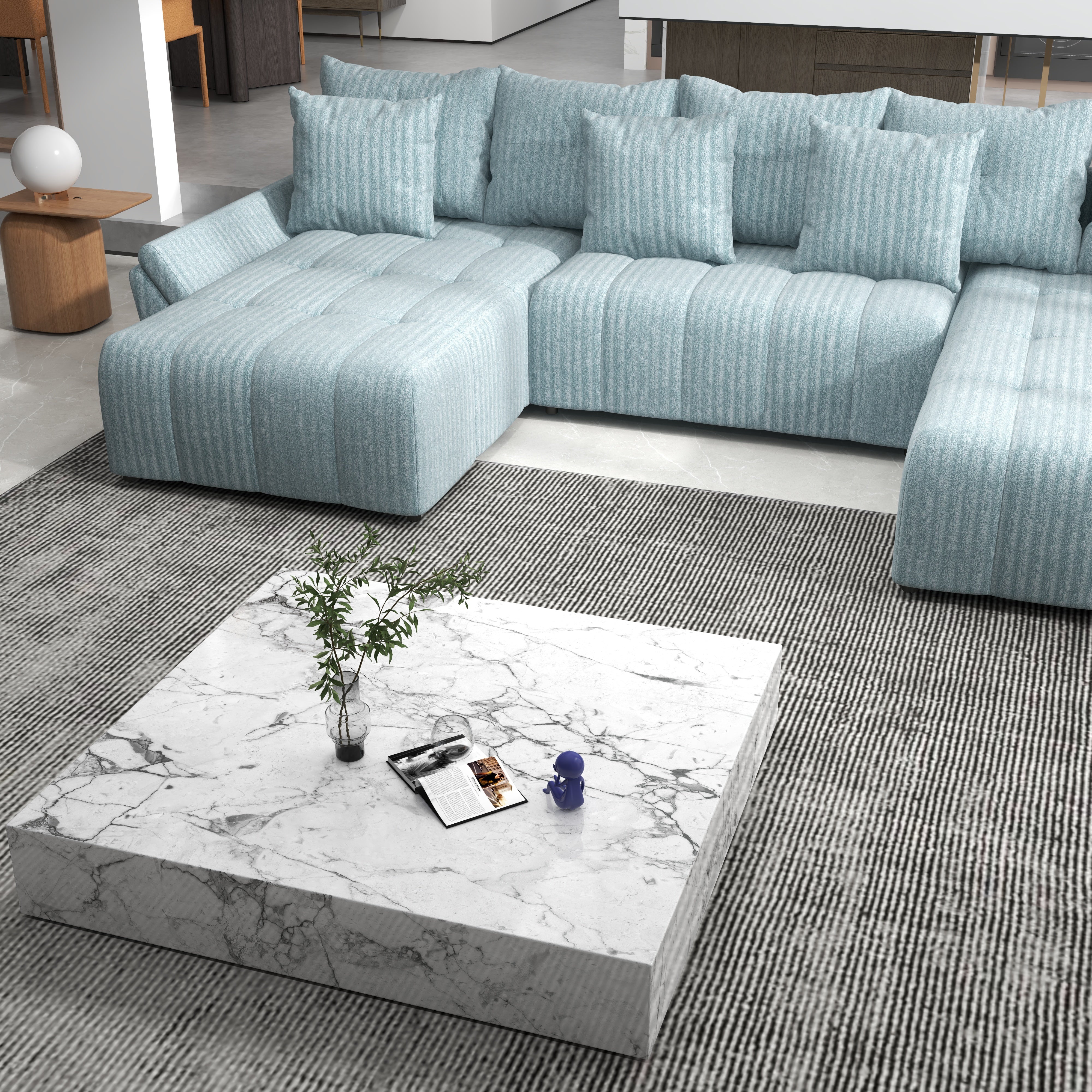 Colțar extensibil dumonde cu ladă de depozitare si sezut confortabil din spuma HR, Berlin U Mint 380x180 cm Fabrica