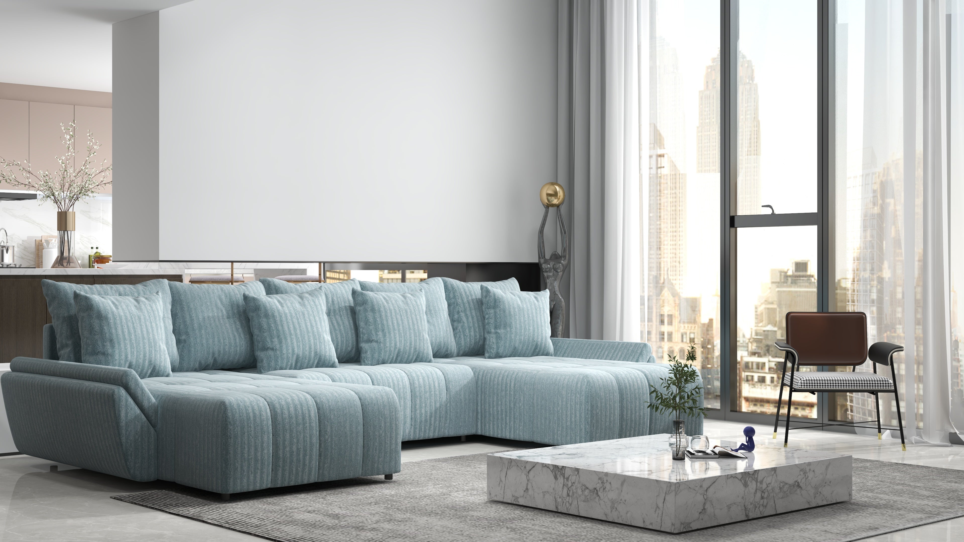 Colțar extensibil dumonde cu ladă de depozitare si sezut confortabil din spuma HR, Berlin U Mint 380x180 cm Fabrica