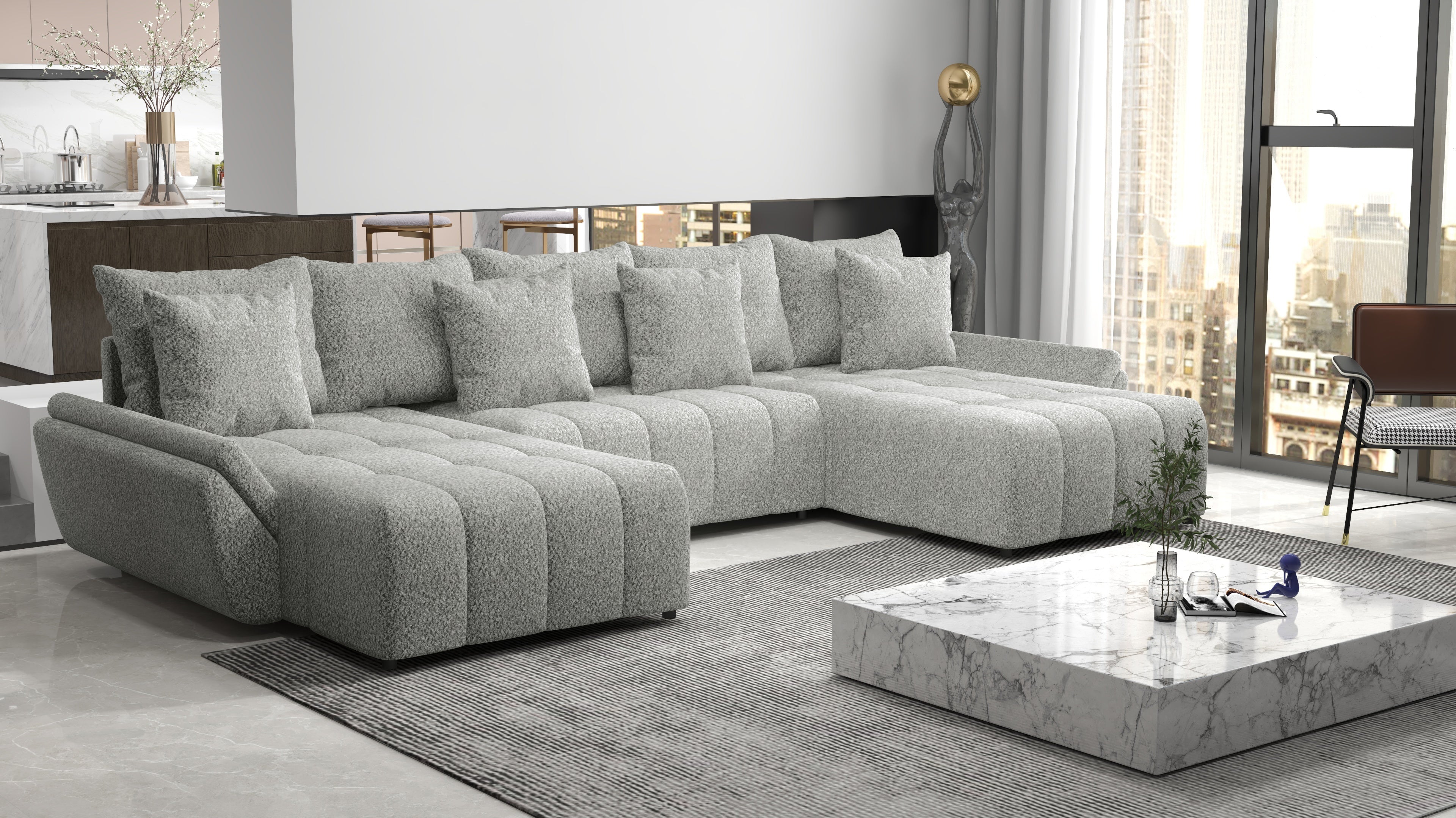 Colțar extensibil dumonde cu ladă de depozitare si sezut confortabil din spuma HR, Berlin U Euphoria Dove 380x180 cm Fabrica