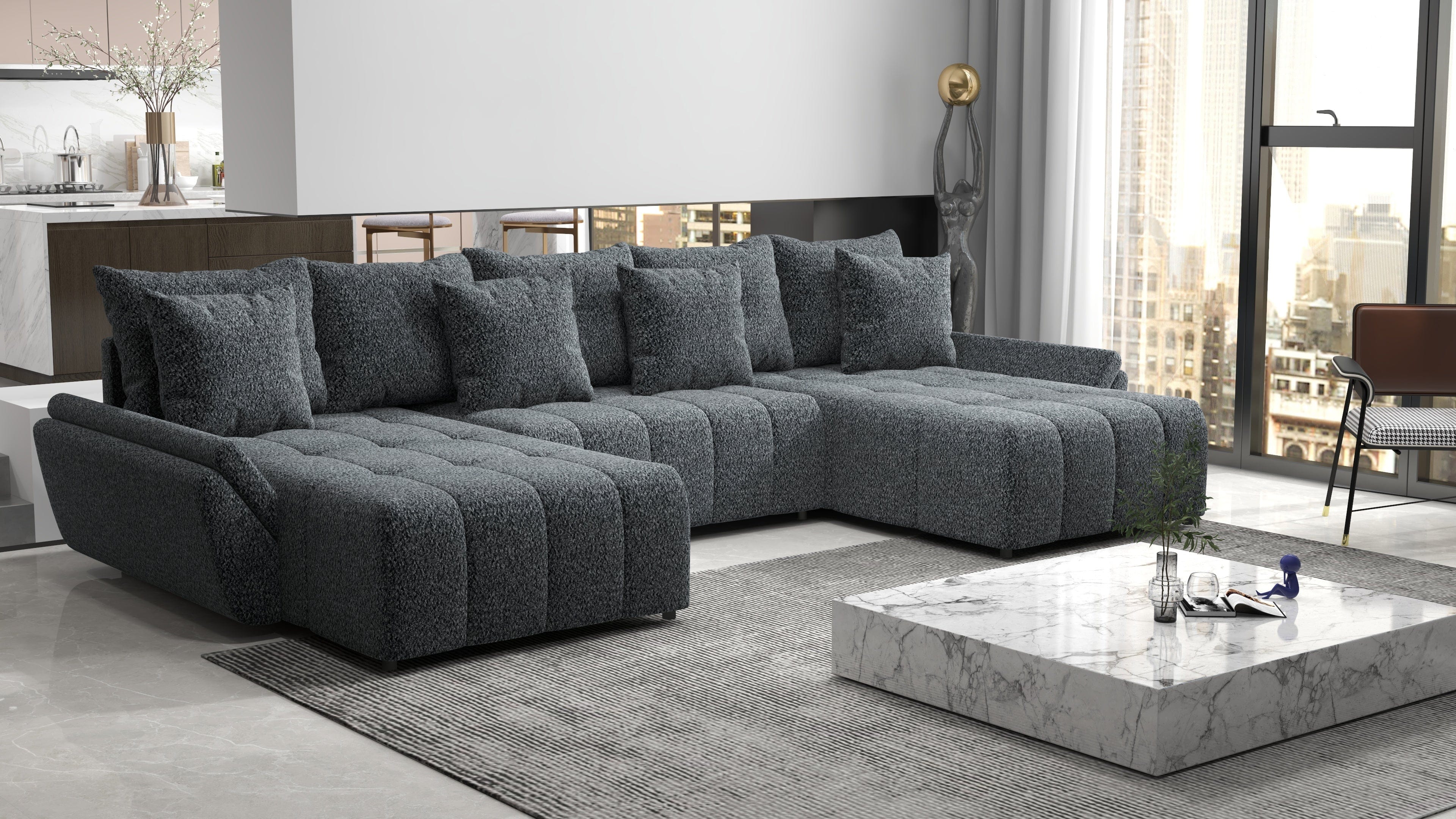 Colțar extensibil dumonde cu ladă de depozitare si sezut confortabil din spuma HR, Berlin U Euphoria Dark Grey 380x180 cm Fabrica