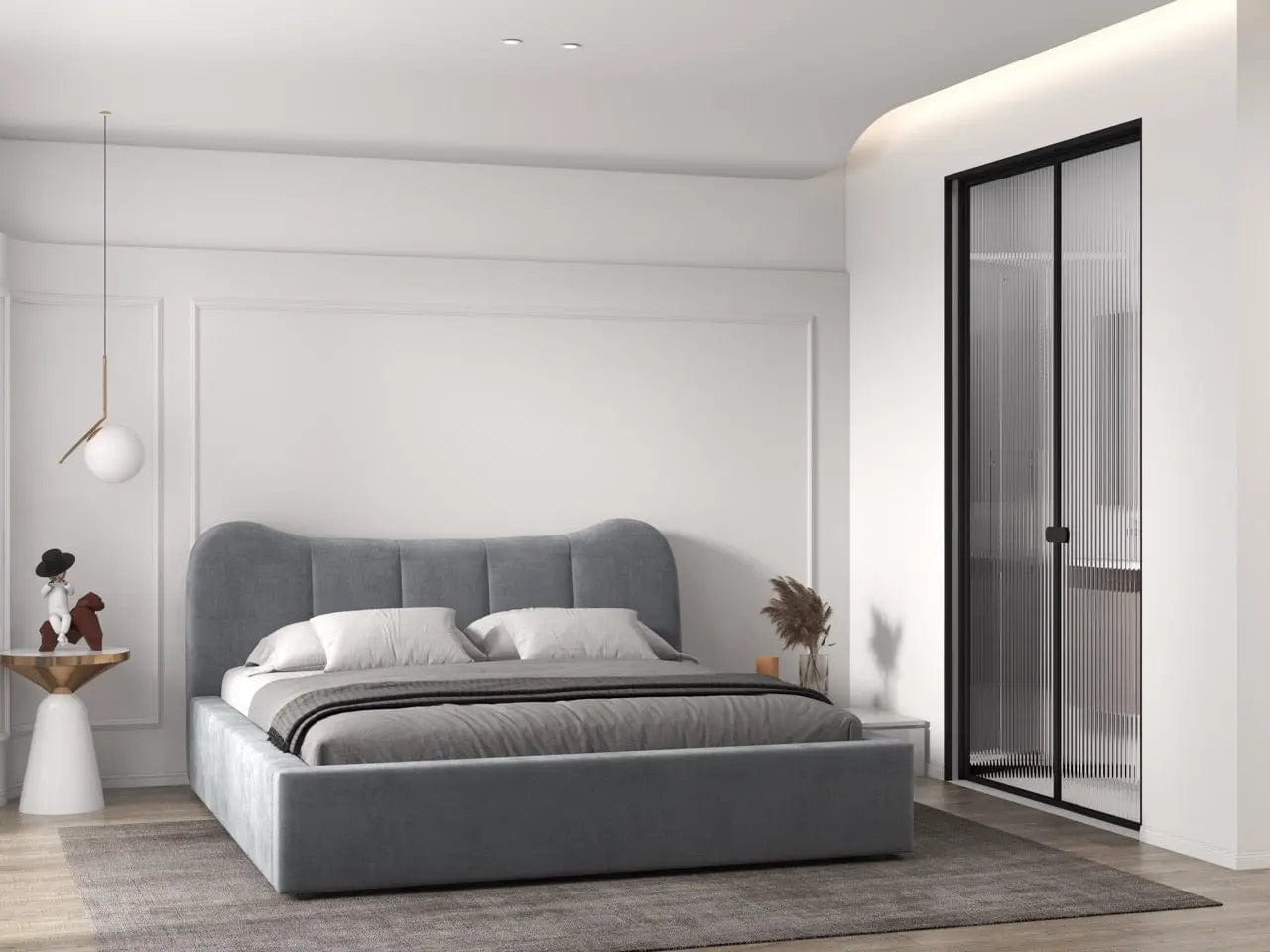 Pat dormitor tapitat gri, Albani 160x200 cm, somiera rabatabila inclusa, spatiu depozitare