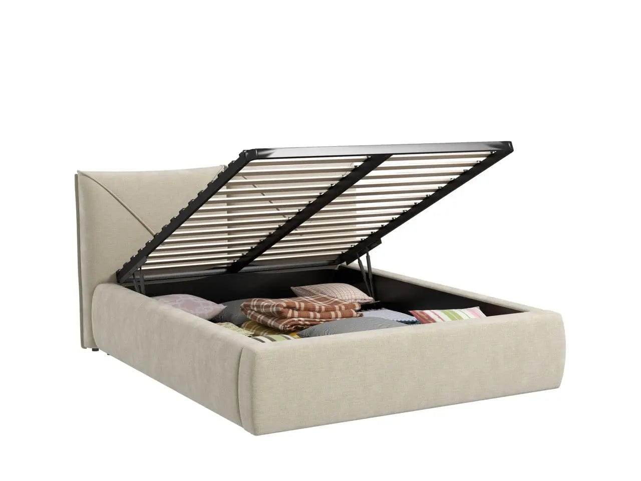 Pat dormitor tapitat bej, Lorenzo 160x200 cm, somiera rabatabila inclusa, spatiu depozitare