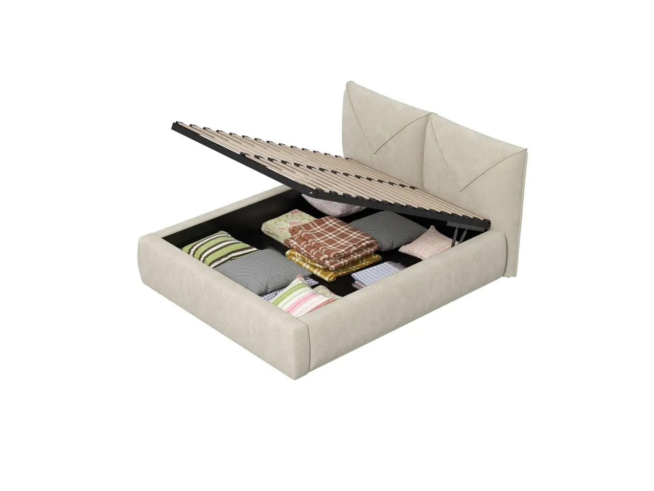 Pat dormitor tapitat bej, Lorenzo 160x200 cm, somiera rabatabila inclusa, spatiu depozitare