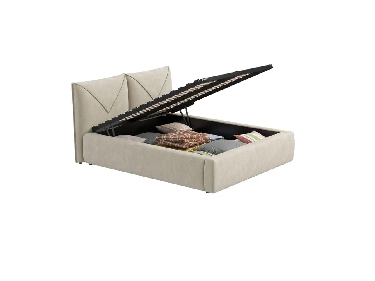 Pat dormitor tapitat bej, Lorenzo 160x200 cm, somiera rabatabila inclusa, spatiu depozitare