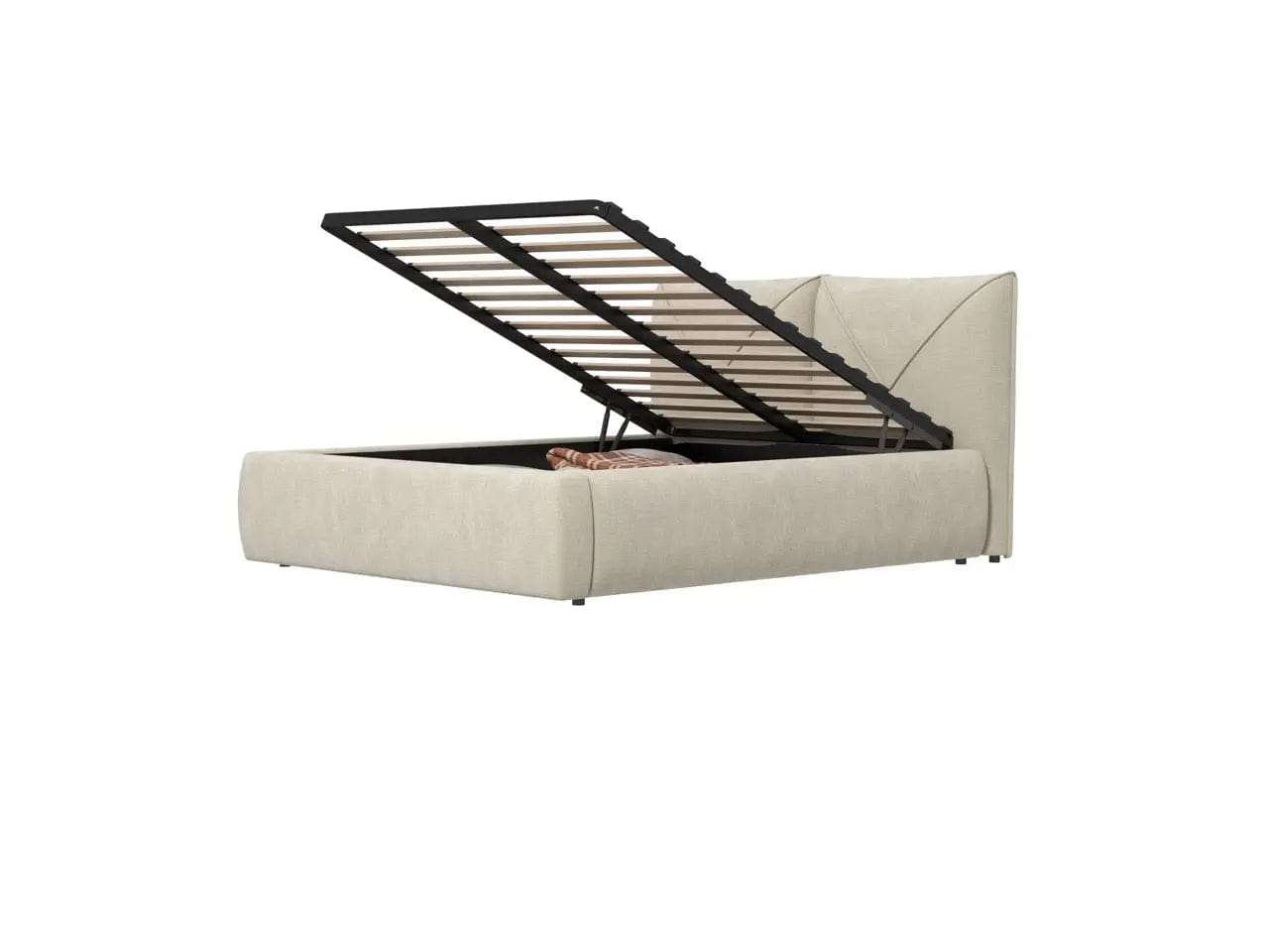 Pat dormitor tapitat bej, Lorenzo 160x200 cm, somiera rabatabila inclusa, spatiu depozitare