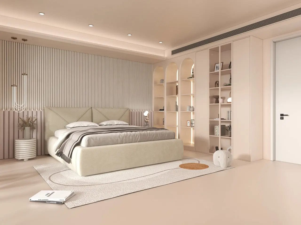 Pat dormitor tapitat bej, Lorenzo 160x200 cm, somiera rabatabila inclusa, spatiu depozitare