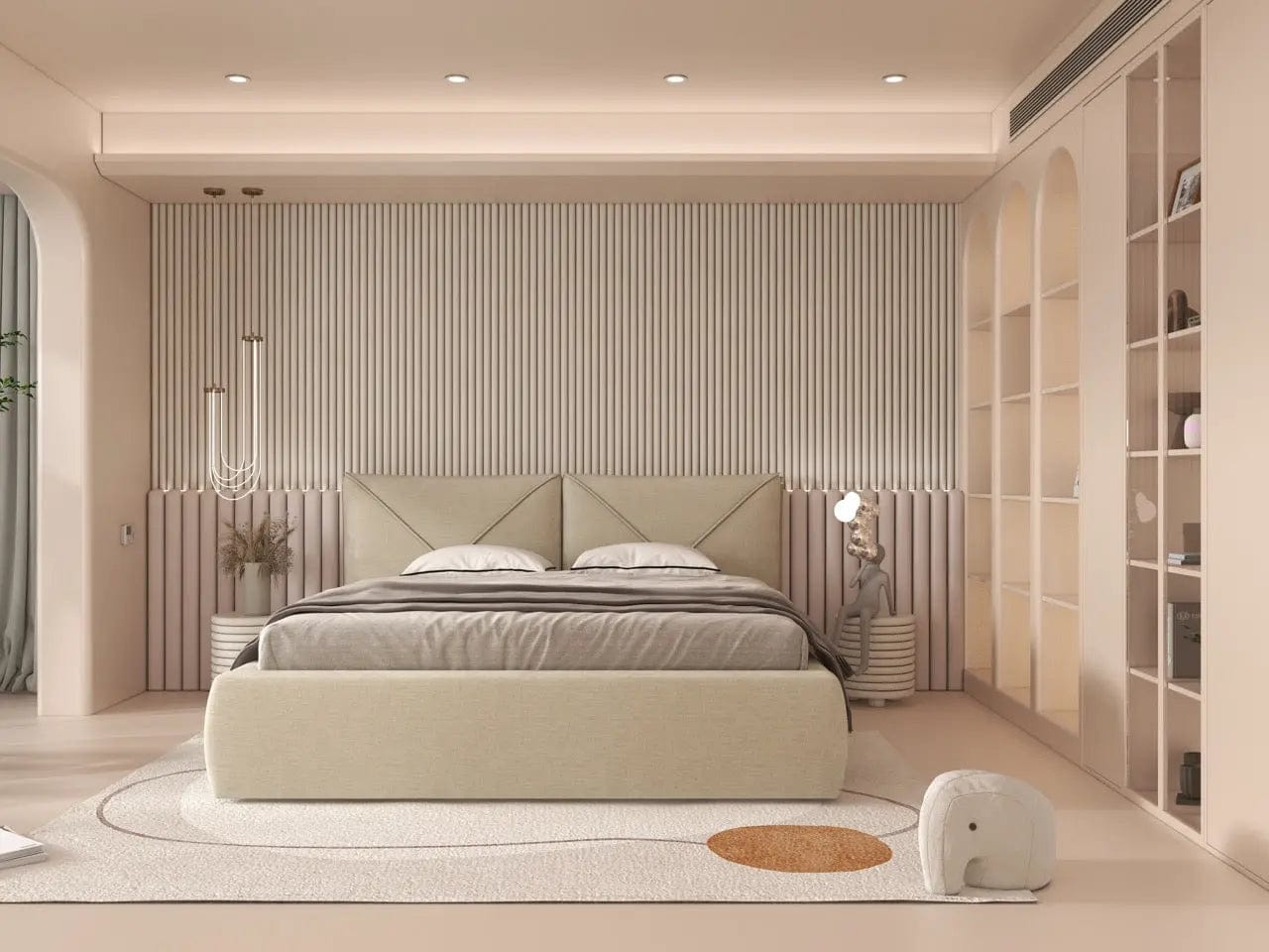 Pat dormitor tapitat bej, Lorenzo 160x200 cm, somiera rabatabila inclusa, spatiu depozitare