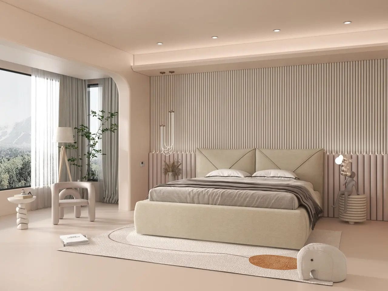 Pat dormitor tapitat bej, Lorenzo 160x200 cm, somiera rabatabila inclusa, spatiu depozitare