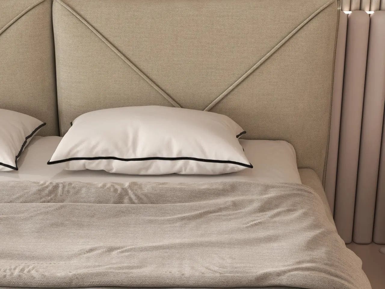 Pat dormitor tapitat bej, Lorenzo 160x200 cm, somiera rabatabila inclusa, spatiu depozitare