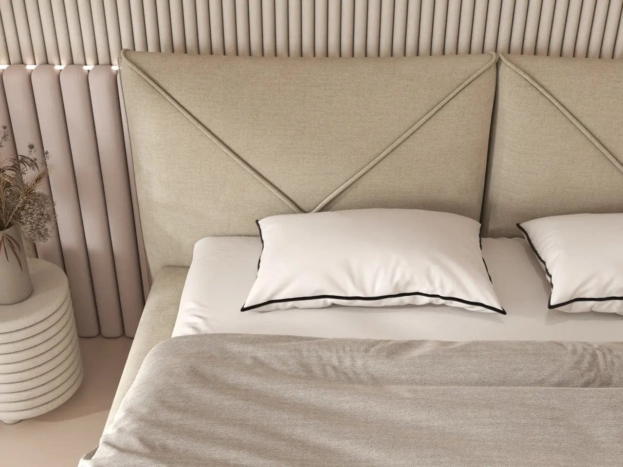 Pat dormitor tapitat bej, Lorenzo 160x200 cm, somiera rabatabila inclusa, spatiu depozitare