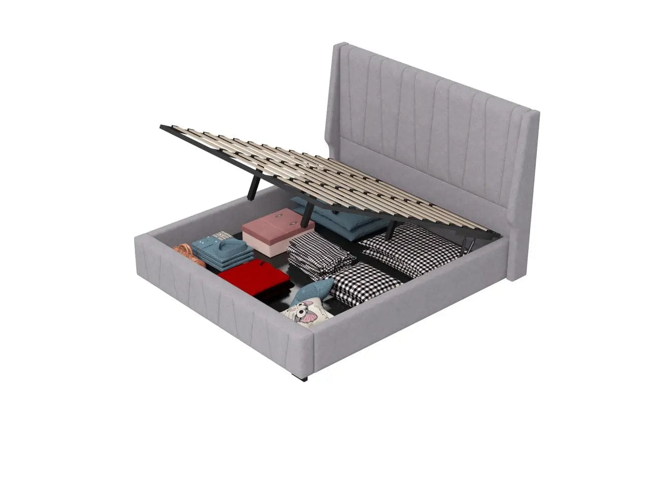 Pat dormitor dumonde, tapitat gri, Ibiza 180x200 cm, somiera rabatabila inclusa, spatiu depozitare