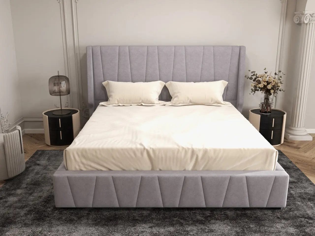 Pat dormitor dumonde, tapitat gri, Ibiza 180x200 cm, somiera rabatabila inclusa, spatiu depozitare