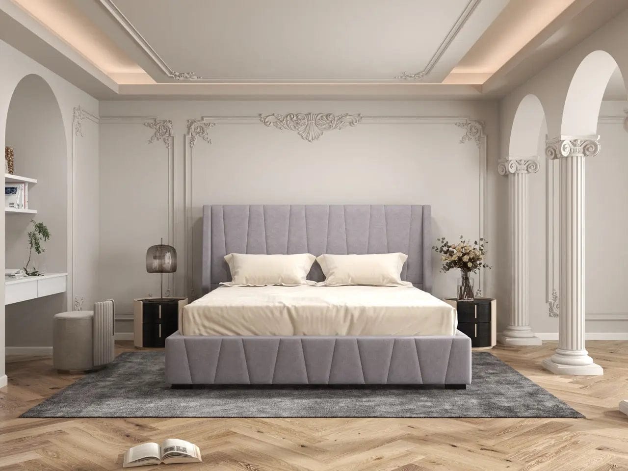 Pat dormitor dumonde, tapitat gri, Ibiza 180x200 cm, somiera rabatabila inclusa, spatiu depozitare