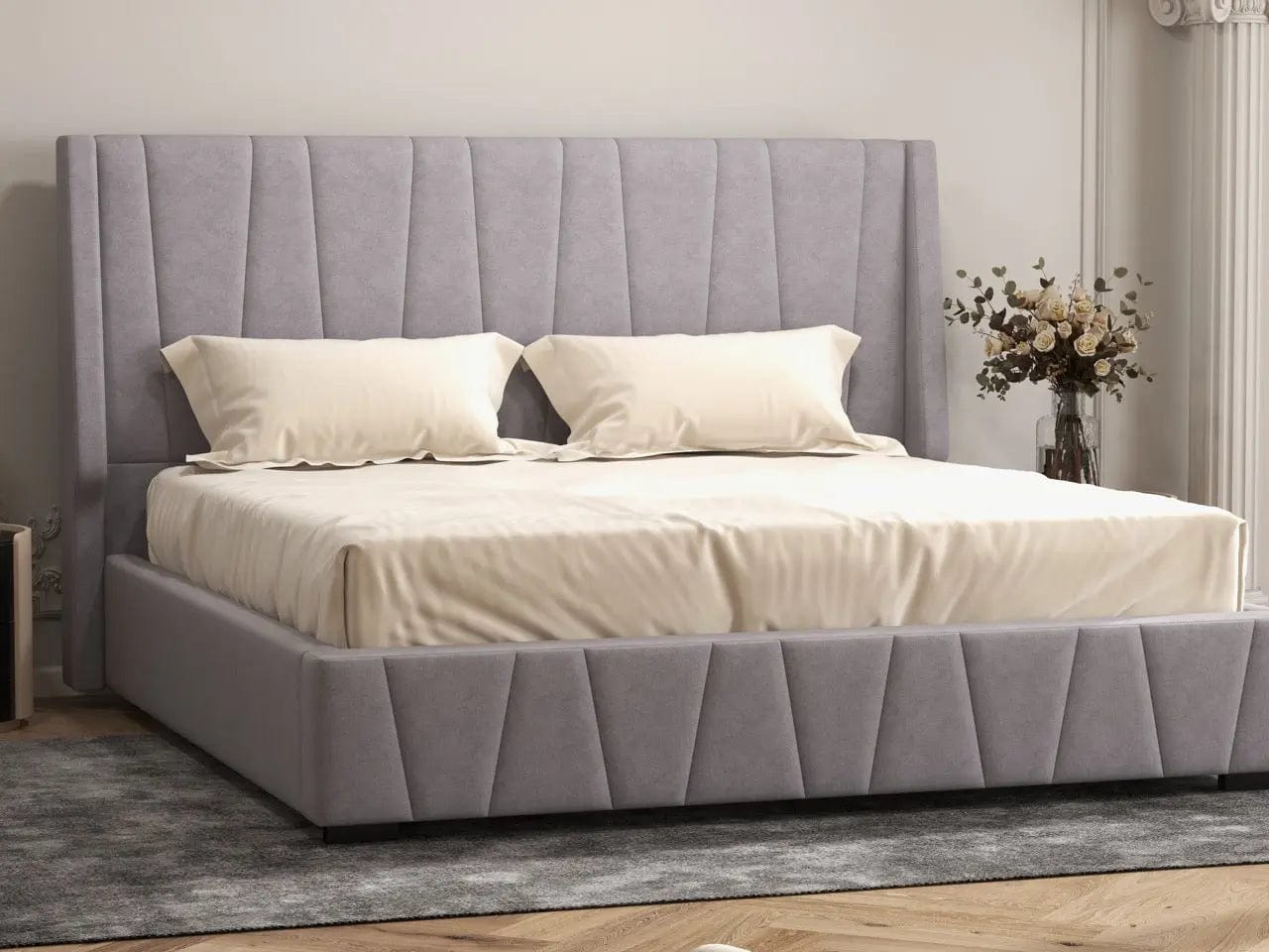 Pat dormitor dumonde, tapitat gri, Ibiza 180x200 cm, somiera rabatabila inclusa, spatiu depozitare