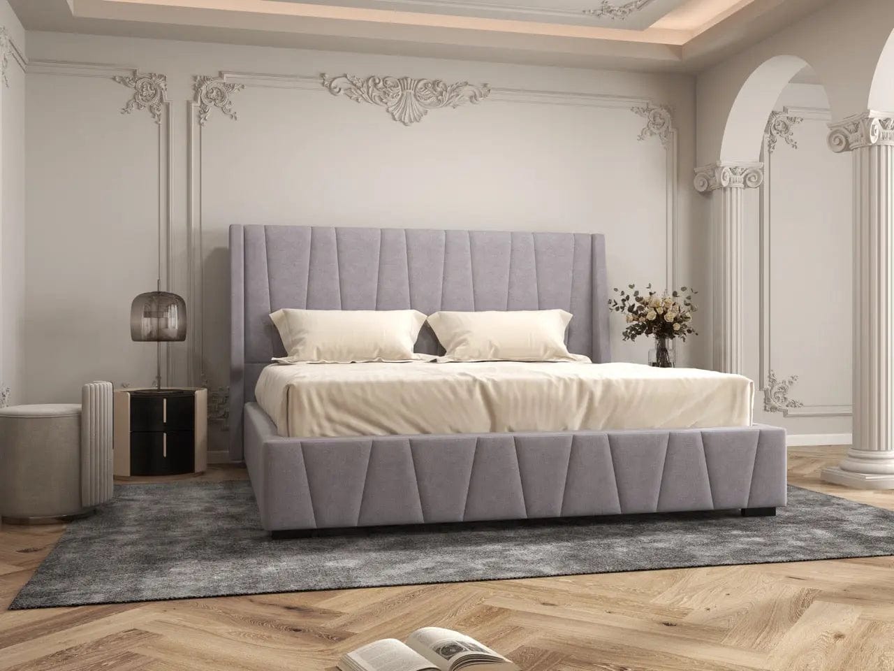 Pat dormitor dumonde, tapitat gri, Ibiza 180x200 cm, somiera rabatabila inclusa, spatiu depozitare