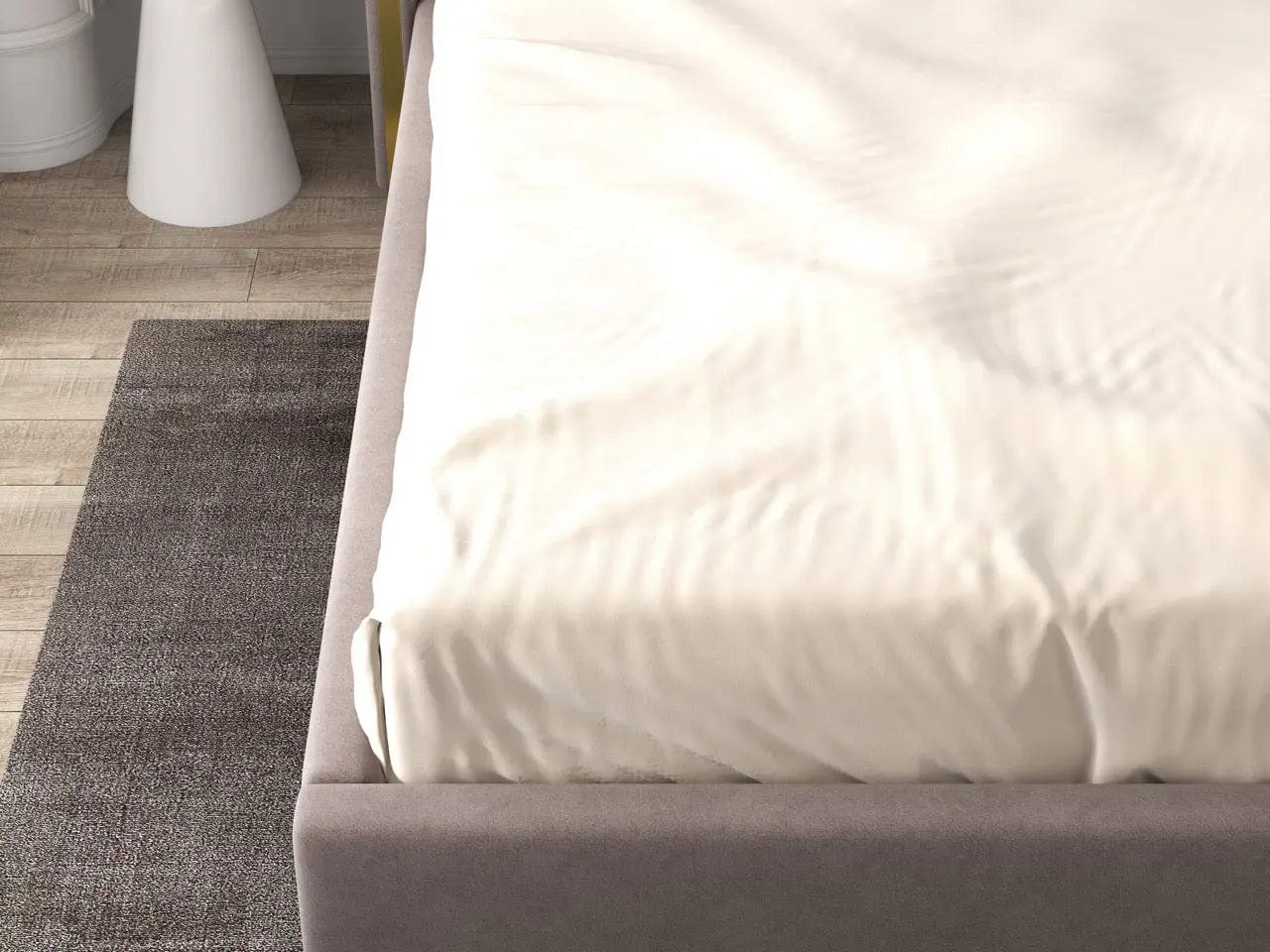 Pat dormitor tapitat gri, Lyon 160x200 cm, somiera rabatabila inclusa, spatiu depozitare