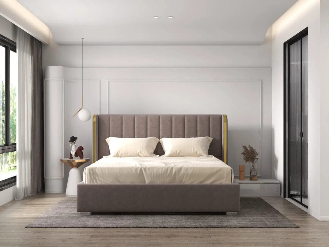 Pat dormitor tapitat gri, Lyon 160x200 cm, somiera rabatabila inclusa, spatiu depozitare