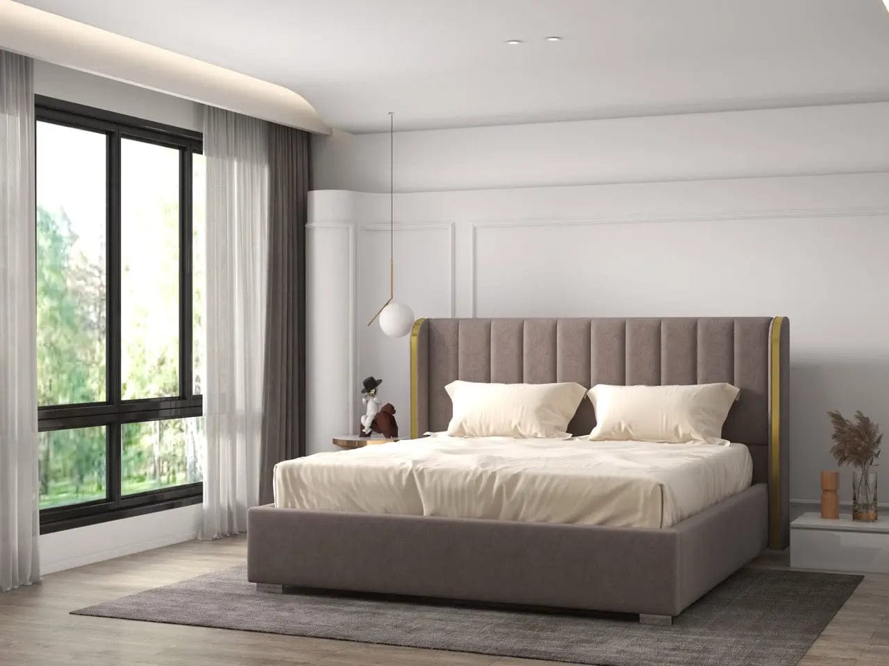 Pat dormitor tapitat gri, Lyon 160x200 cm, somiera rabatabila inclusa, spatiu depozitare