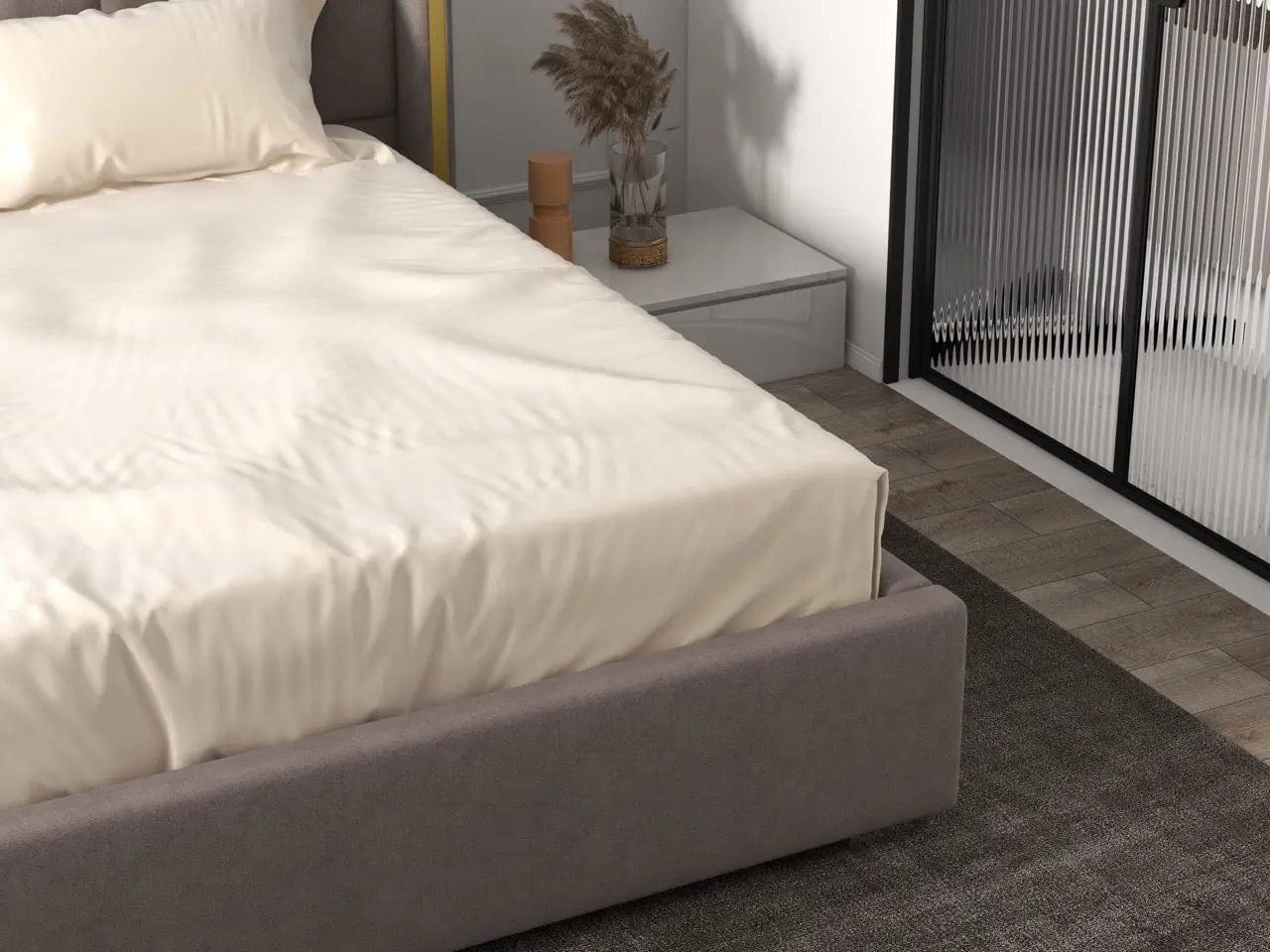 Pat dormitor tapitat gri, Lyon 160x200 cm, somiera rabatabila inclusa, spatiu depozitare