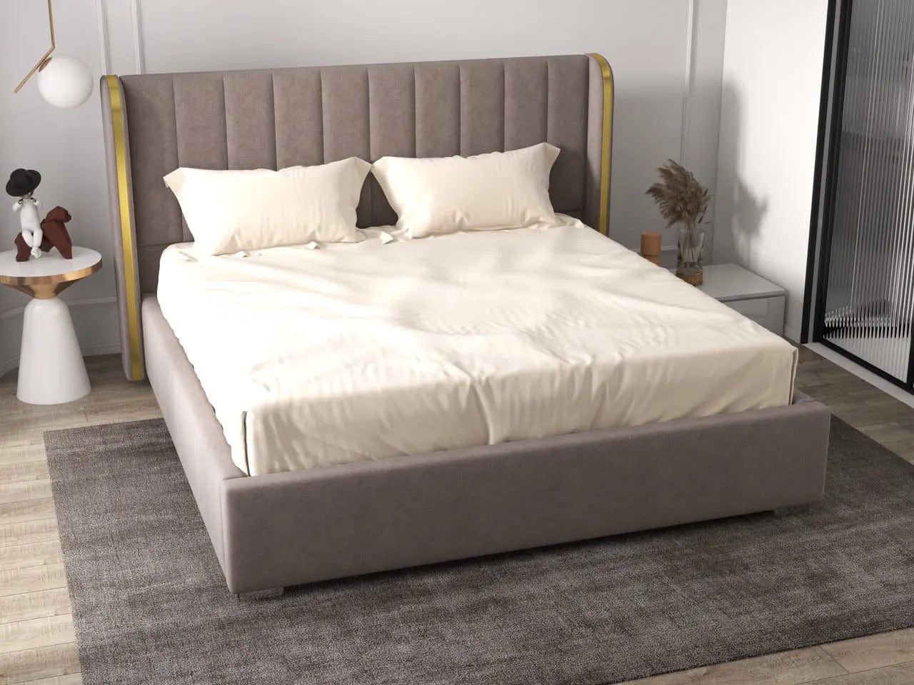 Pat dormitor tapitat gri, Lyon 160x200 cm, somiera rabatabila inclusa, spatiu depozitare