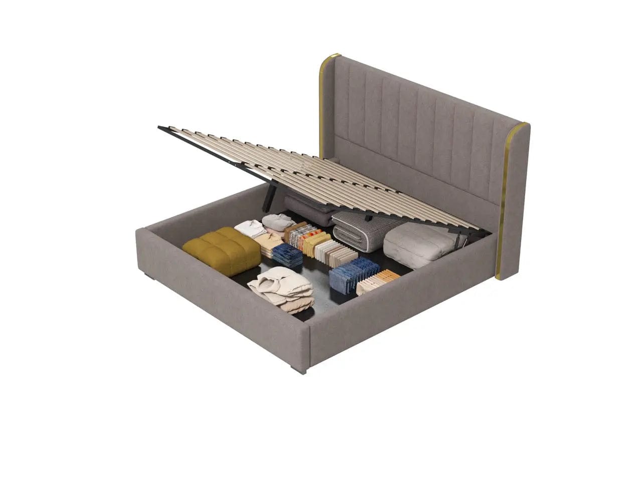 Pat dormitor tapitat gri, Lyon 160x200 cm, somiera rabatabila inclusa, spatiu depozitare